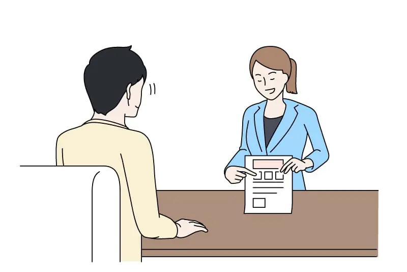 不動産会社スタッフが書類を指差しながら説明する様子のイラスト